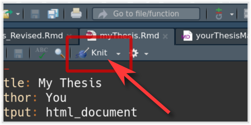 A zoom of the RStudio page, showing the knit button.